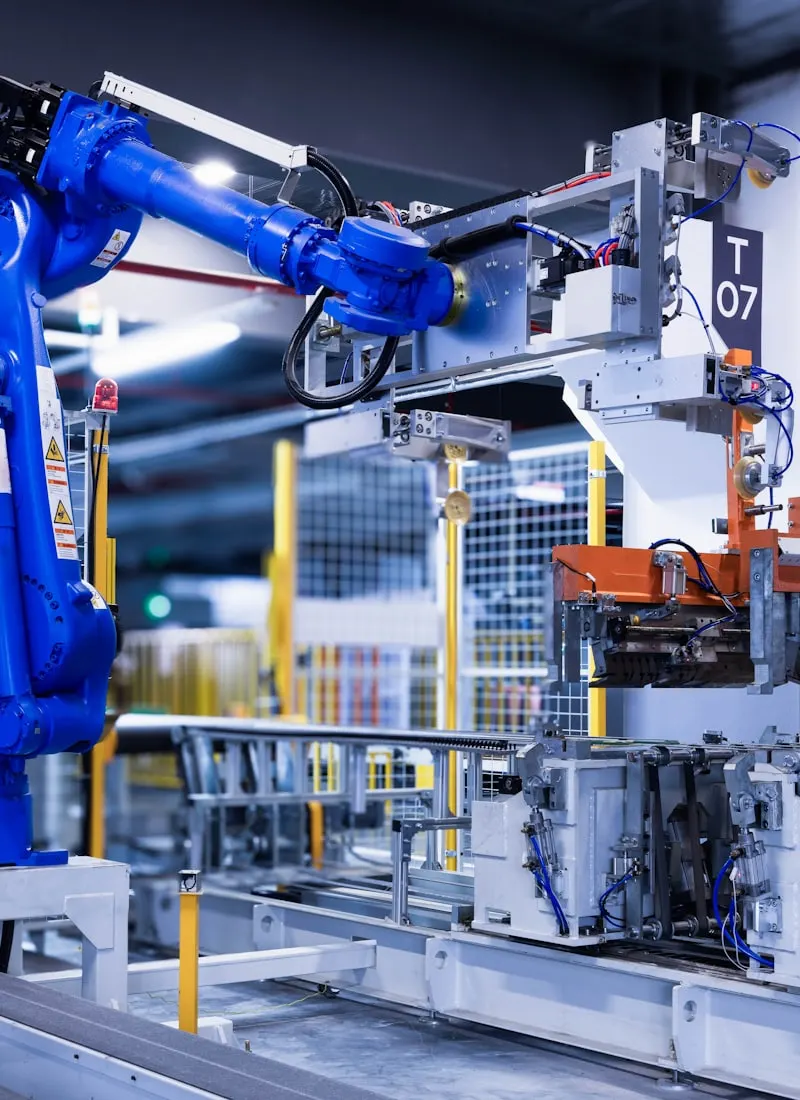 Braço robótico azul operando sozinho em uma linha de produção.